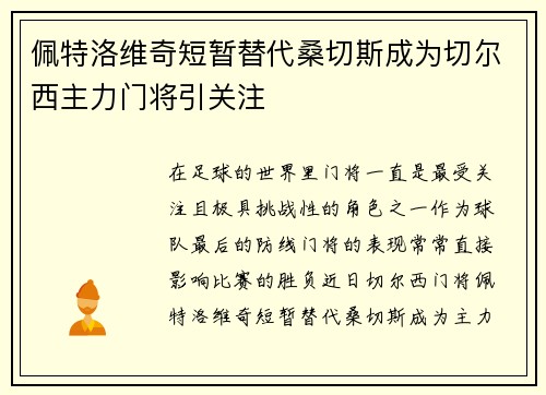 佩特洛维奇短暂替代桑切斯成为切尔西主力门将引关注 佩特洛维奇短暂替代桑切斯成为切尔西主力门将引关注