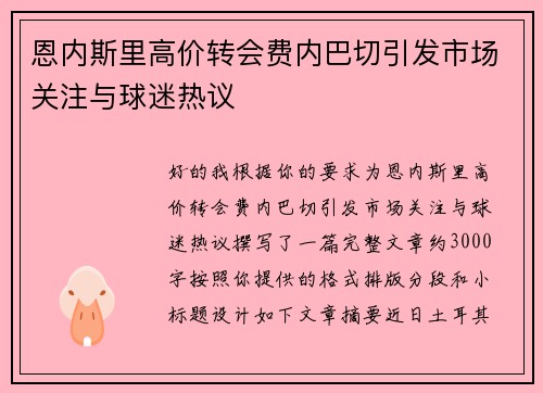 恩内斯里高价转会费内巴切引发市场关注与球迷热议